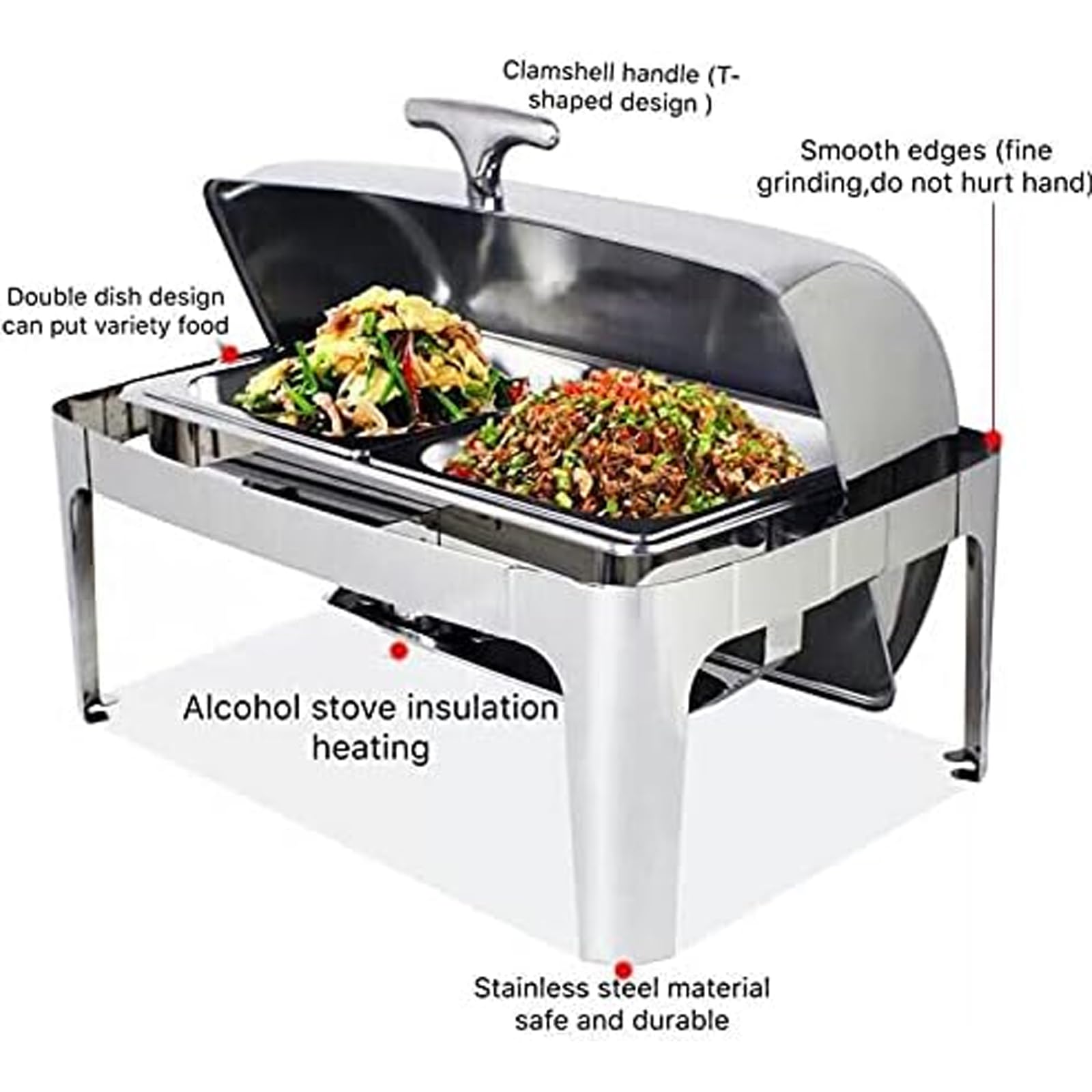 Set scaldavivande in Acciaio Inox per Buffet - Chafing Dish con Coperchio a Rullo da 9 Litri per Eventi con vaschetta per Cibo/Acqua e contenitori per combustibile