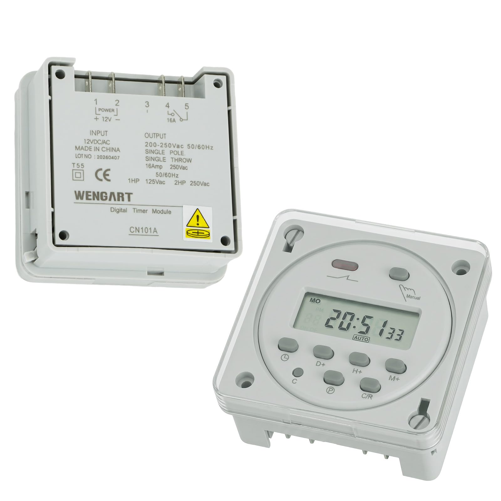 Wengart Digital Timer CN101A 12V DC, Weekly Timer Programmable, Potential-Free Contact with Protective Cover, LCD Display, Time Relay for Motorhome, Solar, Garden Watering and DIY