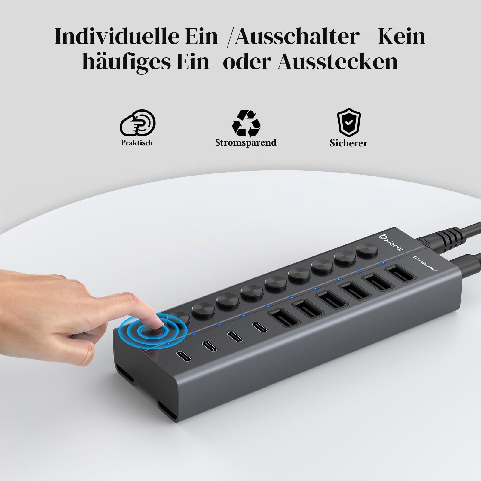 10 Port USB Hub mit Netzteil 60W - 10Gbps USB 3.2 Gen 2 Hub Aktiv aus Aluminium mit 6 USB-A & 4 USB-C Ports Individuelle EIN/Aus Schalter BC1.2 Schnelladung für MacBook, PC, Laptop
