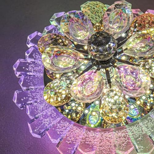 Image of Round Crystal Flower Ceiling Light with Rotating Multi-Colour LED, Decorative Chandelier Lamp for Living Room Bedroom Hallway Event Decor, Dimmable Lighting Fixture 7 x 7 x 2 Inch