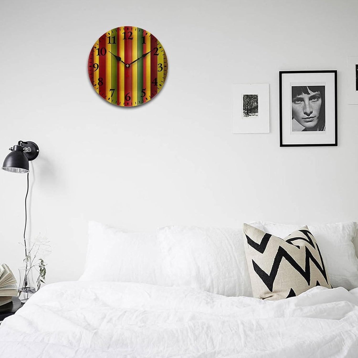 Burgundy Red Green Ochre Yellow Stripes Pattern Wooden Wall Clocks Farmhouse Stripe Check Indoor Wall Clocks Battery Operated for Kids Room and Kitchen Arabic Numbers 16 Inch Round