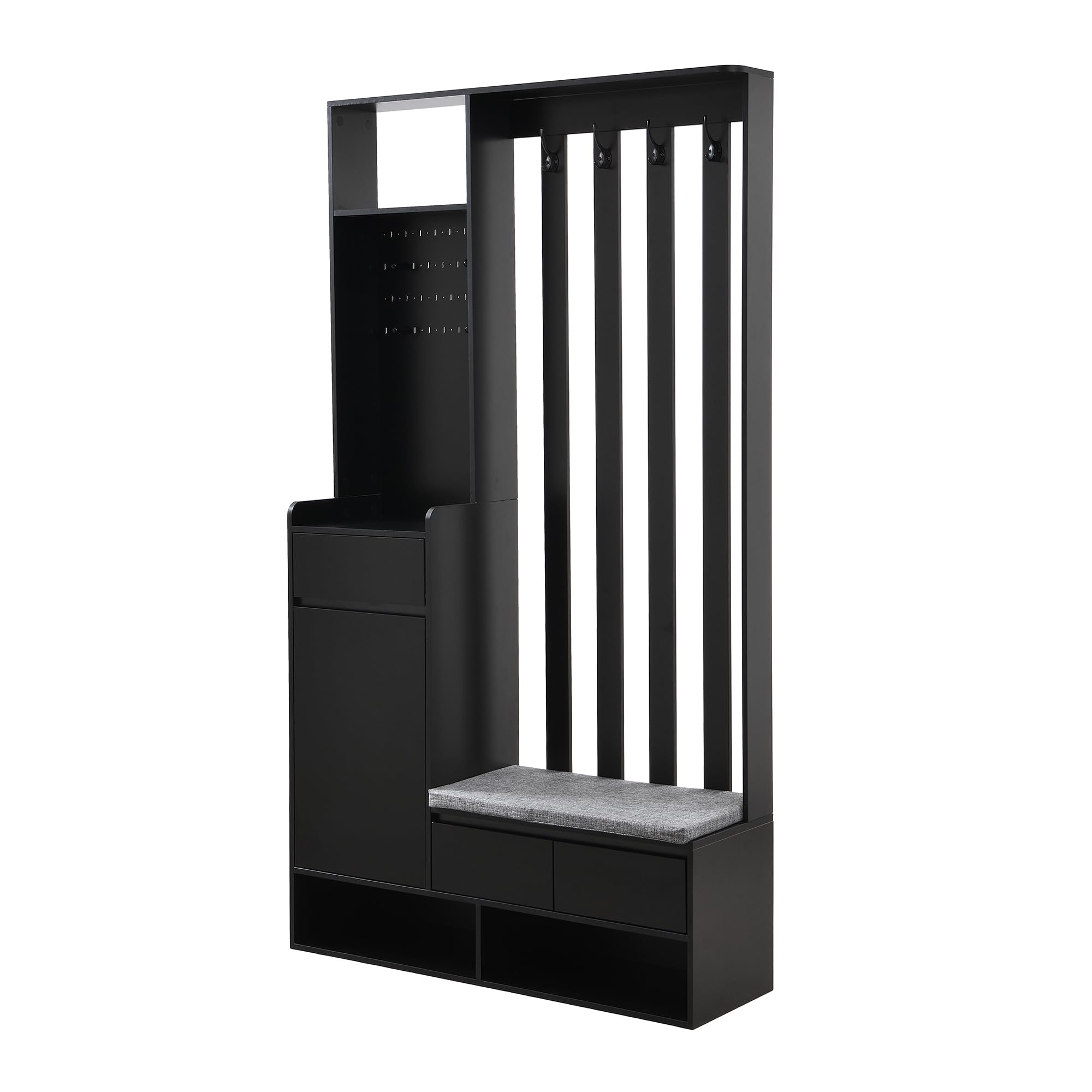 Perchero de pasillo con banco de almacenamiento acolchado, H180/B100/T35 cm, moderno perchero con 4 ganchos para entrada, zapatero multifuncional con panel de ranuras, color negro