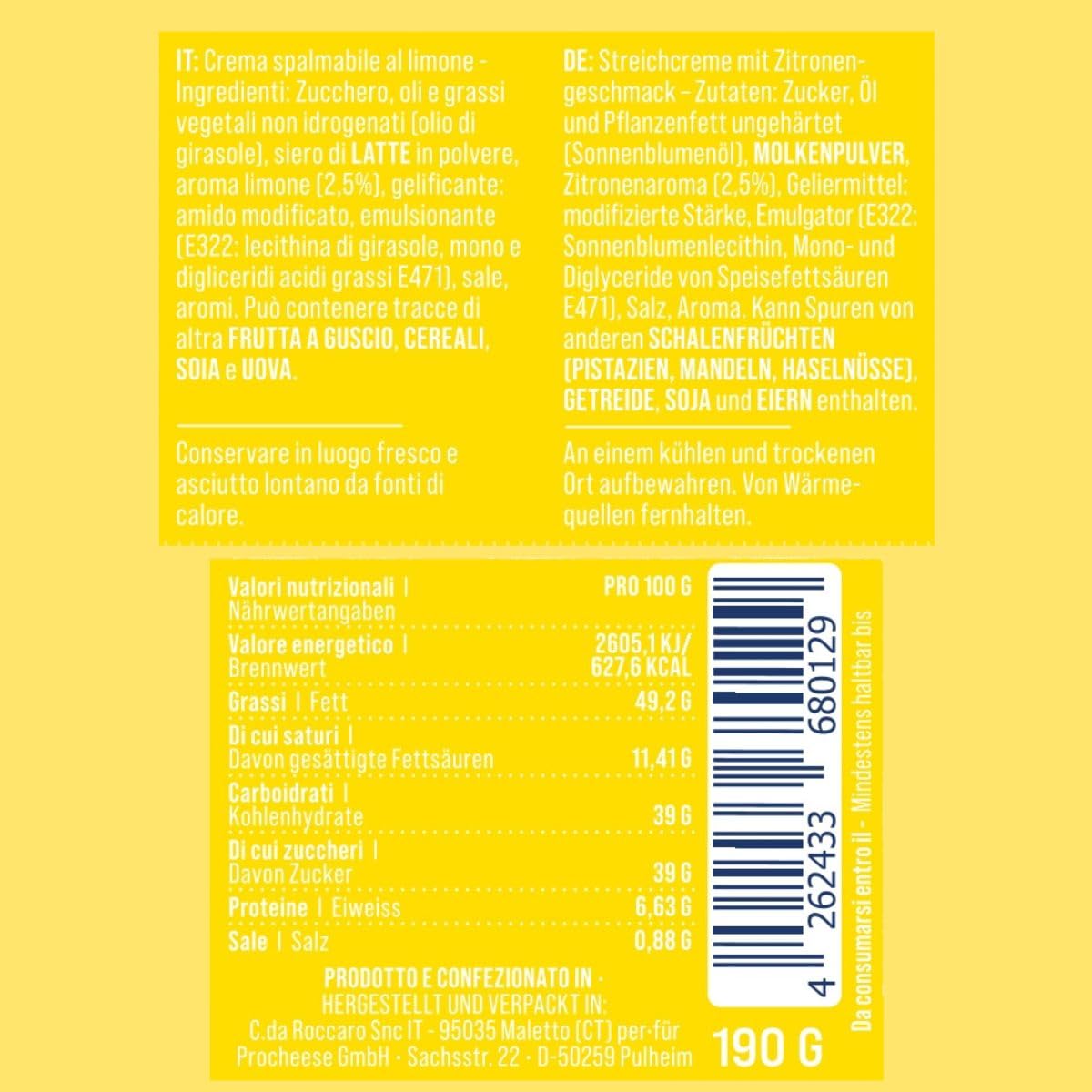 La Vela Crema di Limone – Italienische Zitronencreme aus Sizilien | Palmölfrei | Fruchtiger Brotaufstrich & Dessertcreme | Premium Aufstrich (190G, Zitrone)