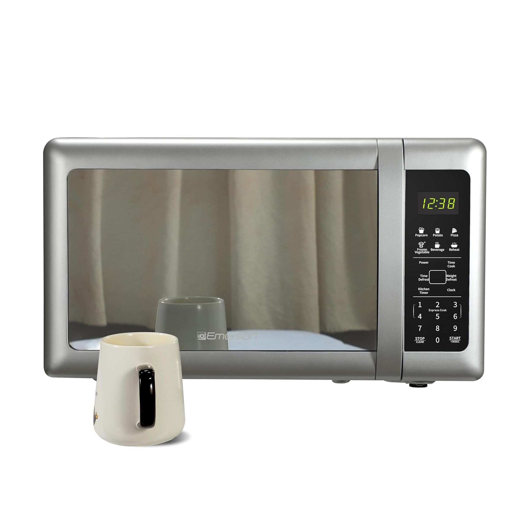 Emerson MW7601SL-N Countertop Microwave Oven with Sleek Mirrored Finish Glass Door, 700W, 10 Power Levels and 6 Pre-Programmed Settings with Child Safe Lock, 0.7. Cu. Ft., Silver