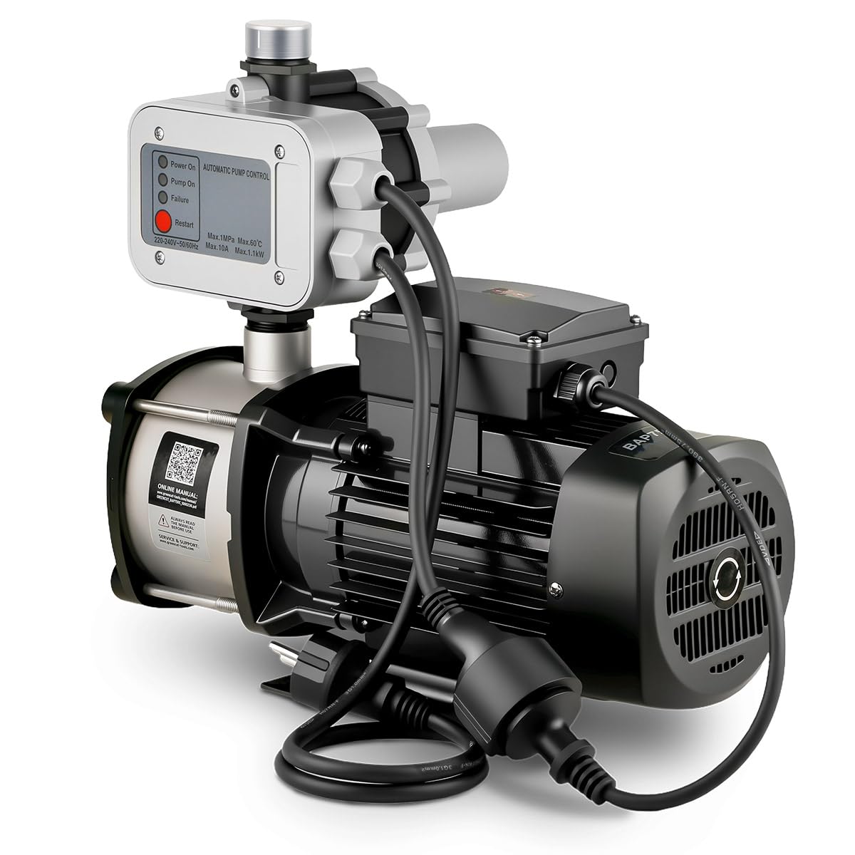 GREENCUT BAP750C Bomba de Agua con Presostato de 750 W ideal para Aguas Claras Caudal Máximo de 67L/min y Altura de Bombeo de 54m, con Carcasa de Acero Inoxidable, Silencioso y Fácil