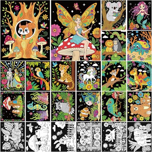 Zhanmai 24 Pack Velvet Coloring Posters Fuzzy Velvet Coloring Posters Crafts for Kids Color Your Own Poster Bulk for Holiday School Party Home Activities (Creatures)
