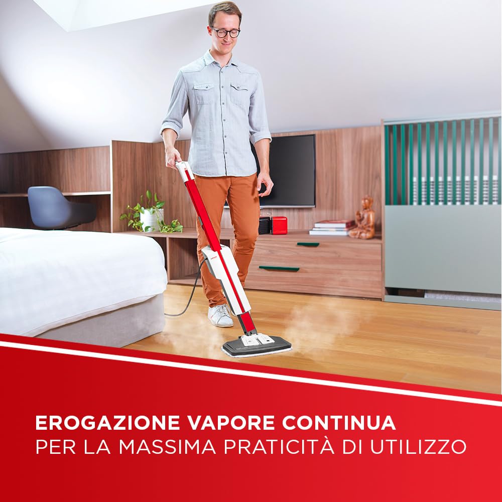 Polti Vaporetto SV650 Style, Scopa a Vapore con Pulitore Portatile Integrato, Potenza Max 1500 W, 19 Accessori, Filtro Anti Calcare, Autonomia Illimitata, Parking Verticale, Rosso e Bianco