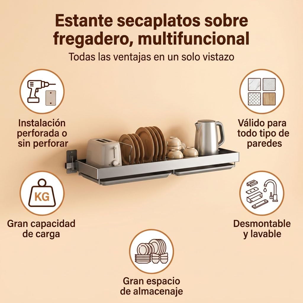 inless - Scolapiatti da parete in acciaio, design salvaspazio a due ripiani, con supporto per bacchette, senza trapano, per cucina nizat (B95 x 100 cm)