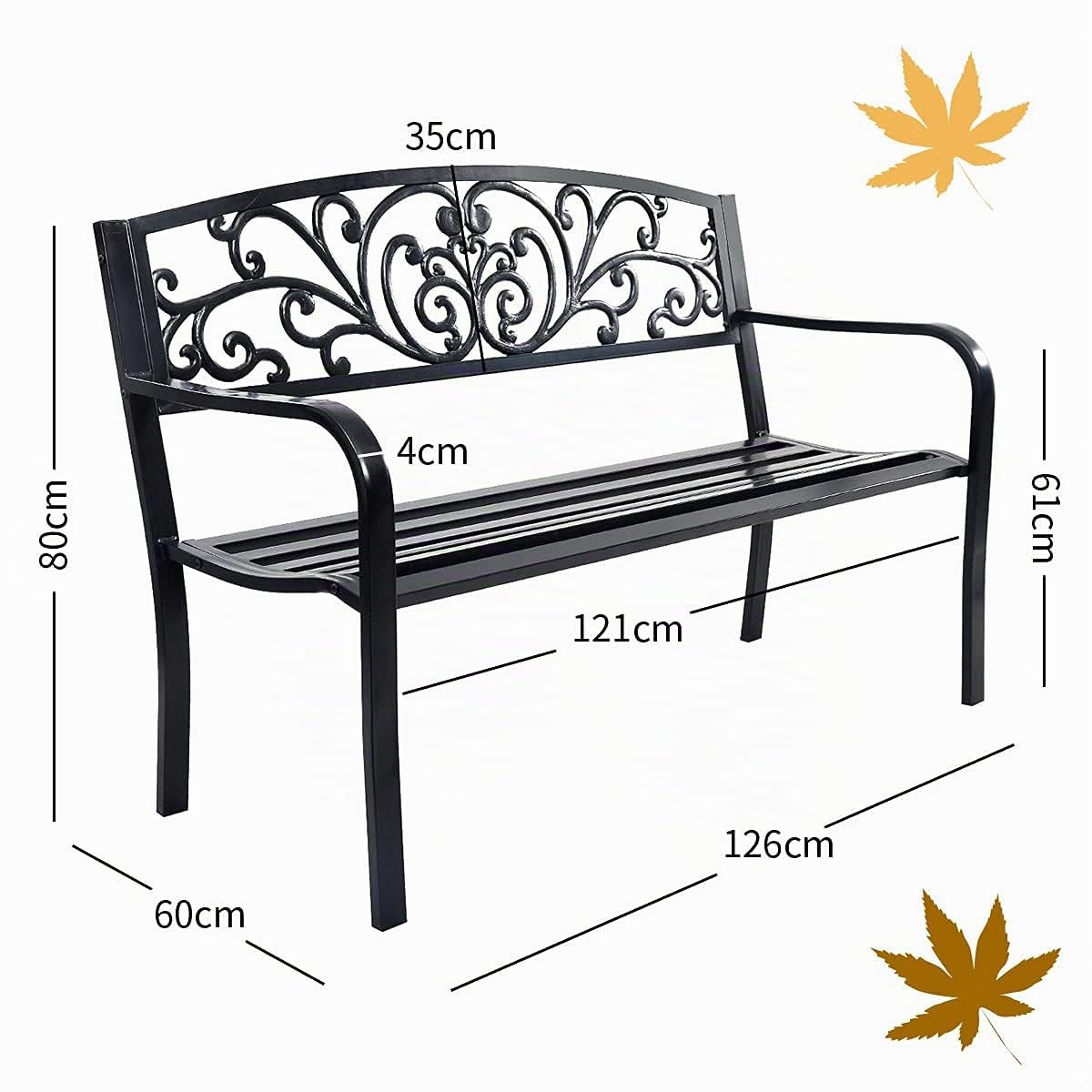 RELAX4LIFE Banc de Jardin Extérieur pour 2-3 Personnes, Banc de Jardin Fer Forgé Résistant avec Dossier Incliné, Accoudoirs Arrondis, Pieds Robustes, pour Terrasse Parc Pelouse, Noir