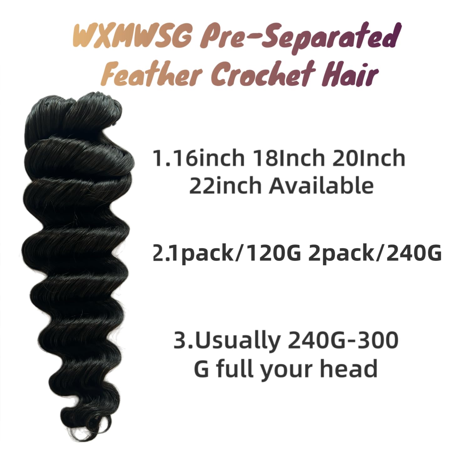 Photo 1 of Human Hair Loose Deep Wave Knotless Pre-Separated Feather Crochet Hair Extensions Crochet Human Hair Extensions Natural Color 18inch 240g