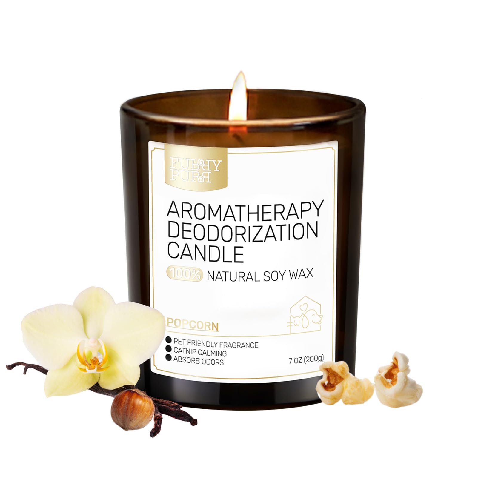 FURRYPURR Odor Eliminator Candle, Vanilla Popcorn Scented Candle, Pet-Friendly Soy Candles, 60 Hours, 7 oz