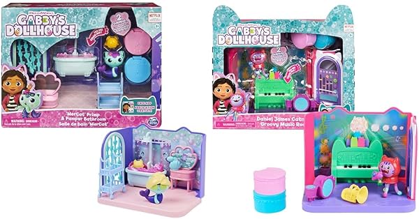 Gabby's Dollhouse - Playset Deluxe La Salle De Bain Marine - 1 Figurine + Accessoires & Gabby's Dollhouse, Groovy Music Room avec Figurine Daniel James Catnip