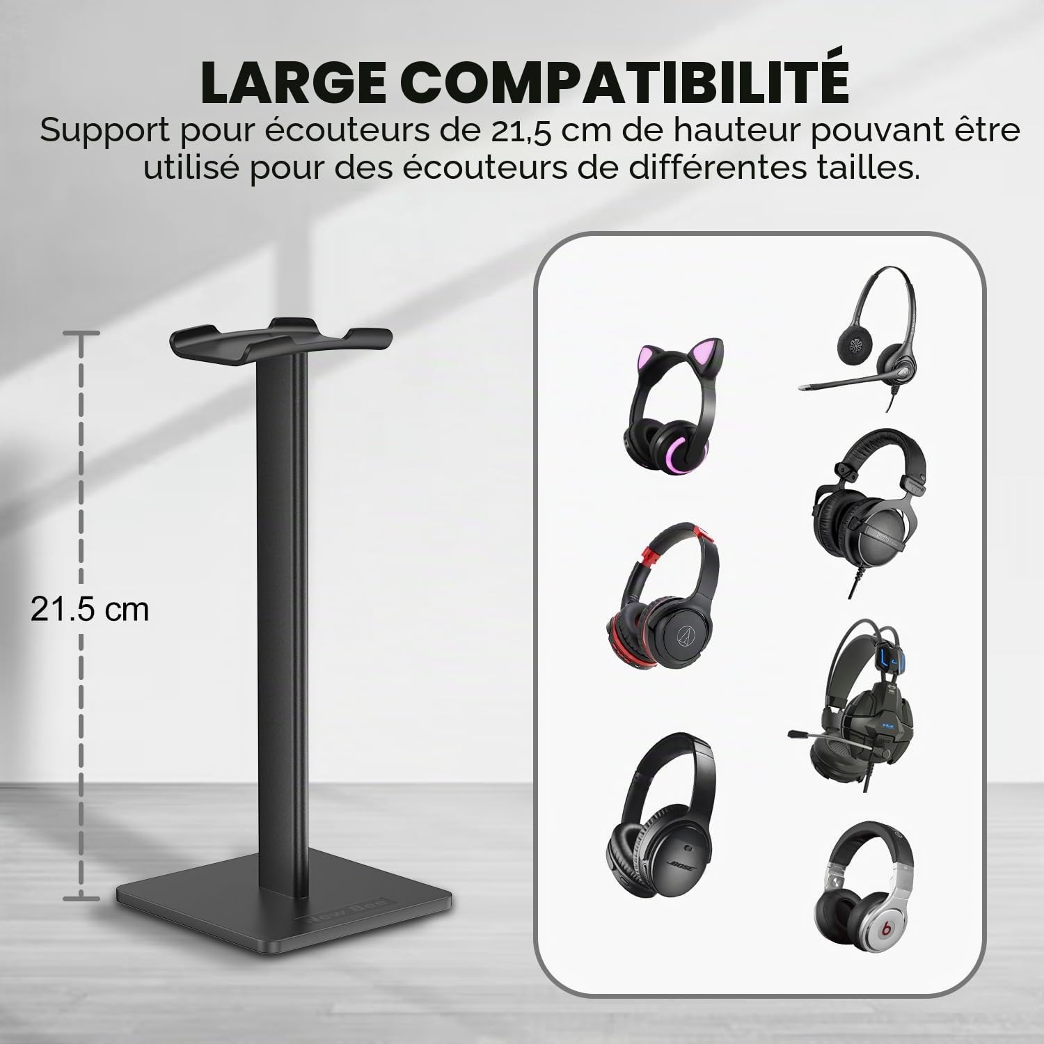 New Bee Support Universel pour écouteurs Over Sennheiser, Sony, Audio-Technica, Bose, AKG, Casque de Jeu et Affichage, Aluminium + TPU + ABS, Noir