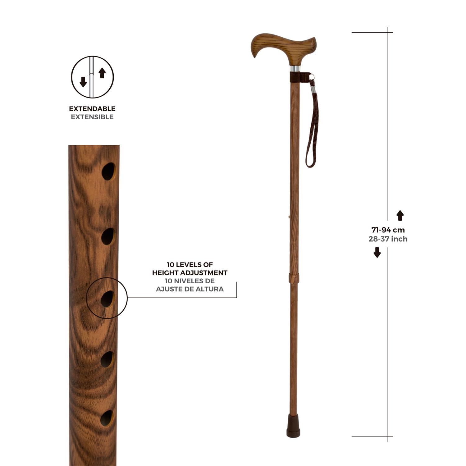 Bastone Estensibile per Anziani – Alluminio con Impugnatura in Legno Ergonomica Ambidestra, Modello Legno, con Cinturino di Sicurezza