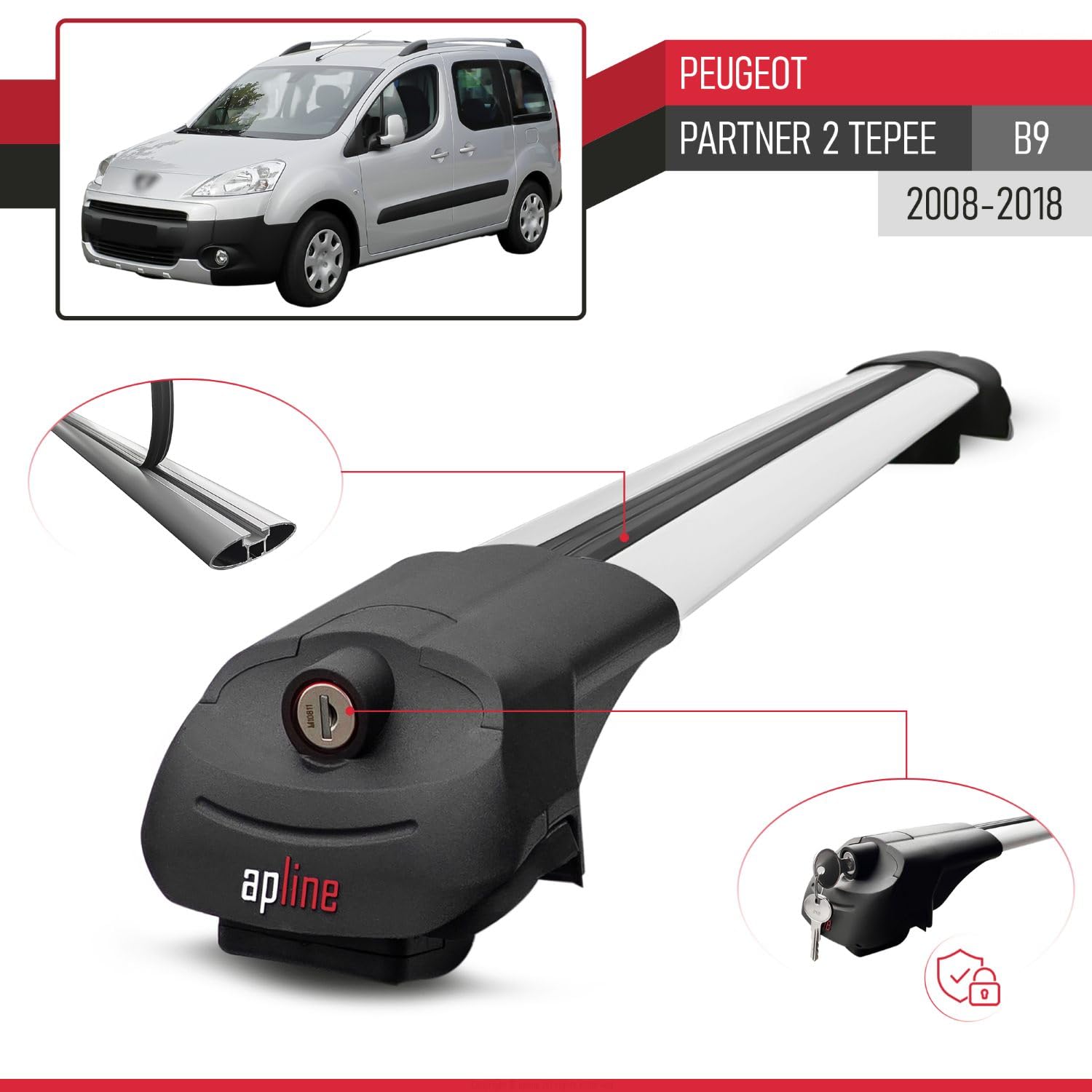 Compatible con Peugeot Partner 2 Tepee (B9) 2008-2018 Modelo Ace-1 Barra de Techo Auto Portaequipajes Barras Transversales Gris Aluminio 2 Barras