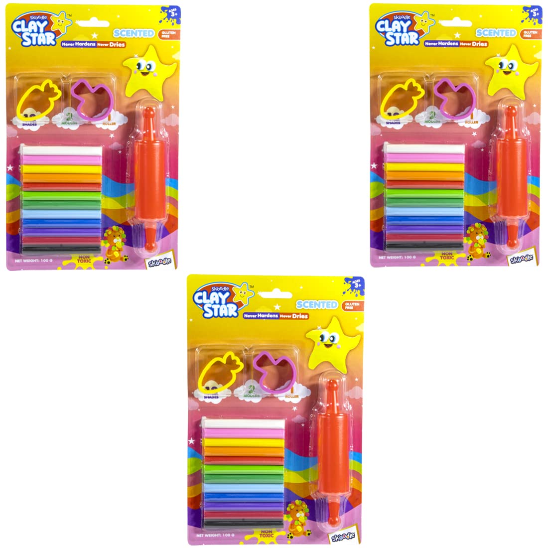 SKOODLE Scented Clay Star, Set of 12 Non-Toxic & Colorful Clays Sticks + 2 Moulds + 1 Roller (Pack of 3, 100 gm Each) Creative Gifts for Kids, Arts & Crafts Kit for 3+ Years