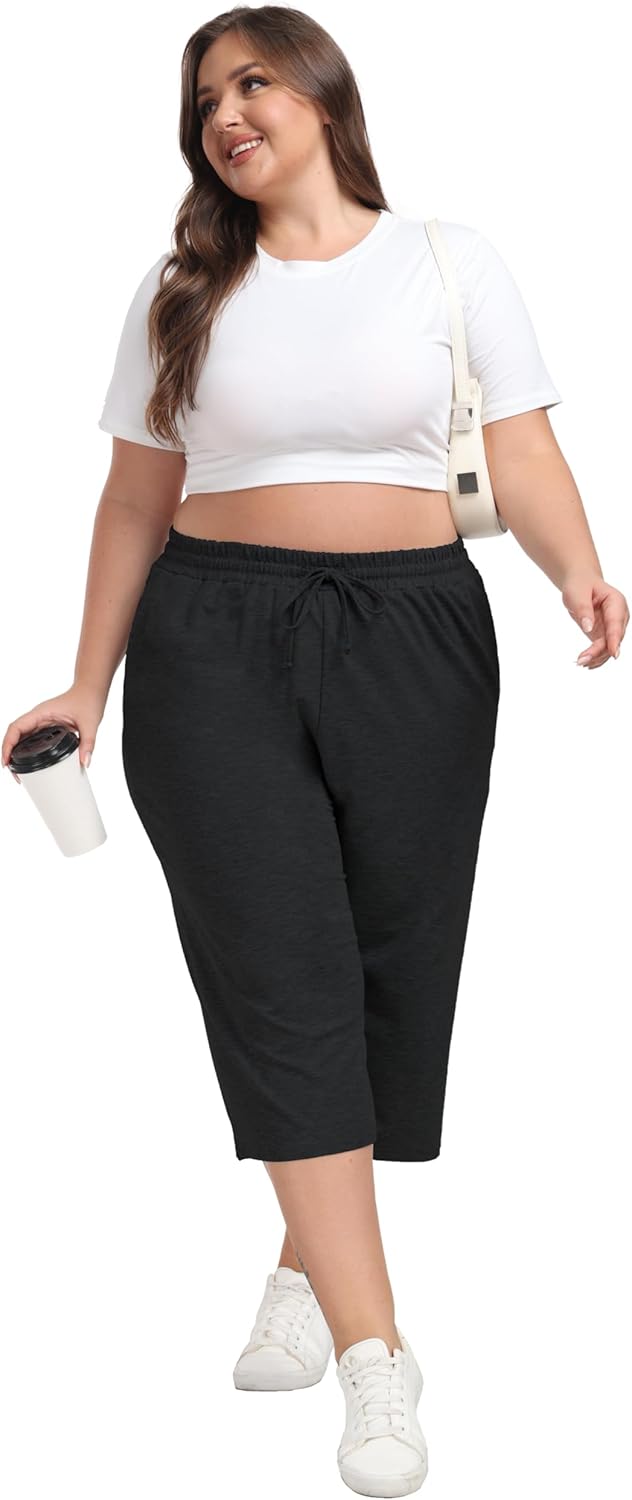 Cheapestbuy Women's Plus Size Capris Wide Leg Crop Casual Pants Comfy Summer Pants with Pockets Drawstring - Image 4