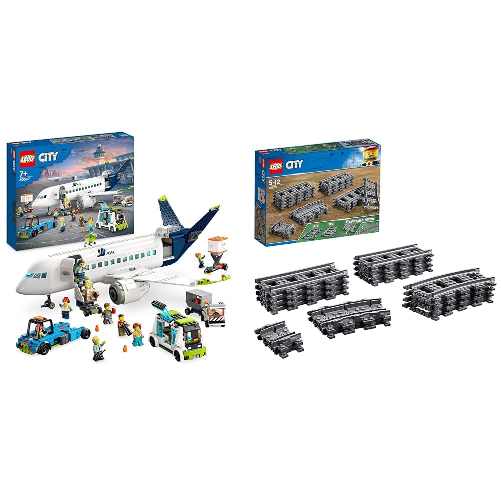 LEGO 60367 City Aereo Passeggeri, Grande Modellino di Aeroplano Giocattolo da Costruire & City Binari, Set con 20 Pezzi Accessori di Rotaie per Ampliare la Ferrovia del Treno Giocattolo
