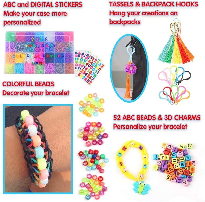11900+ Rainbow Rubber Bands Refill Kit, 11,000 Loom Bands, 600 S-Clips, 52 ABC Beads, 30 Charms, 10 Backpack Hooks, 200 Beads, 5 Tassels, 5 Crochet Hooks, 3 Hair Clips, ABC Stickers By INSCRAFT