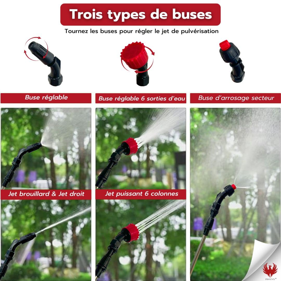 Phoenix - Pulvérisateur Electrique Easy Sprayer 5L – Pulverisateur de Jardin à Batterie Rechargeable avec 3h d’Autonomie, Pulverisateur avec Triple Buses (Cône, Éventail, Jet Douche), Léger, Robuste,