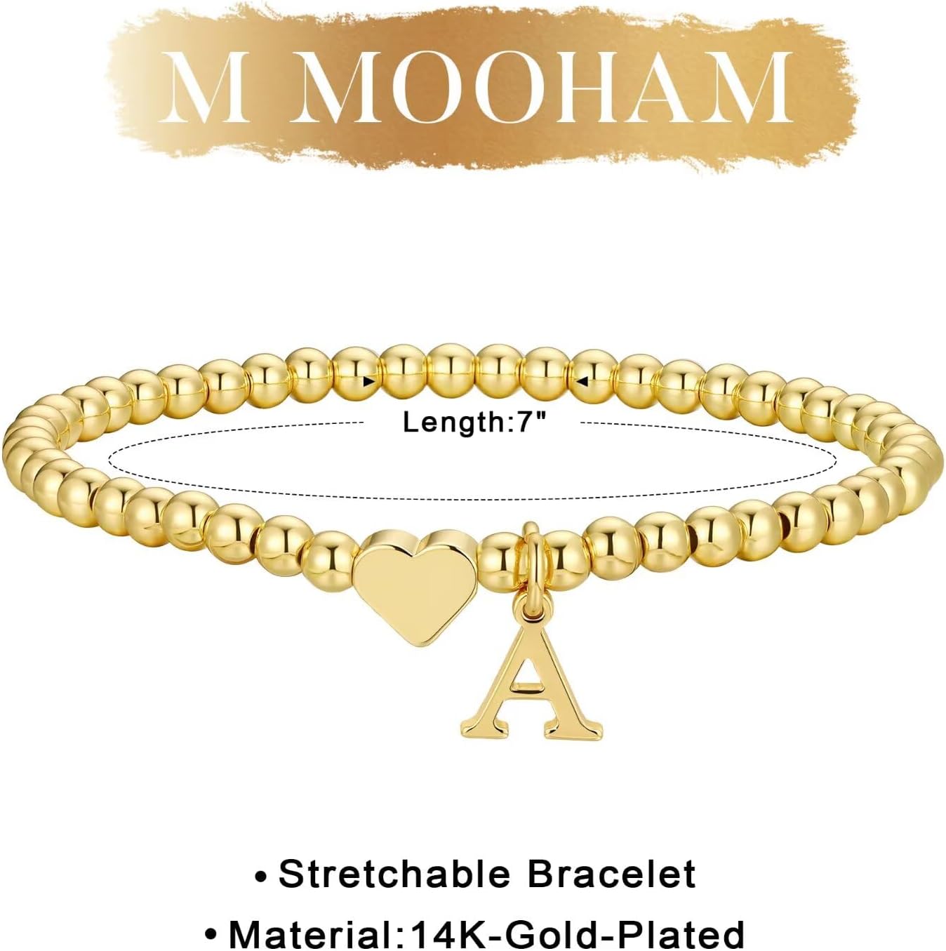 M MOOHAM Valentines Gifts for Kids Her Women - Dainty Heart Initial Bracelets for Women Girls, 14K-Gold-Plated Beaded Heart Initial Bracelets for Teen Girls Jewelry Birthday Gifts - Image 7