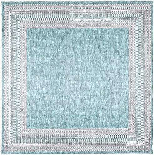 Liora Manne Malibu Indoor/Outdoor Power Loomed Synthetic Blend Low Profile Area Rug - Traditional Border Casual Colorful (Etched Border Aqua) (7'10" Square)
