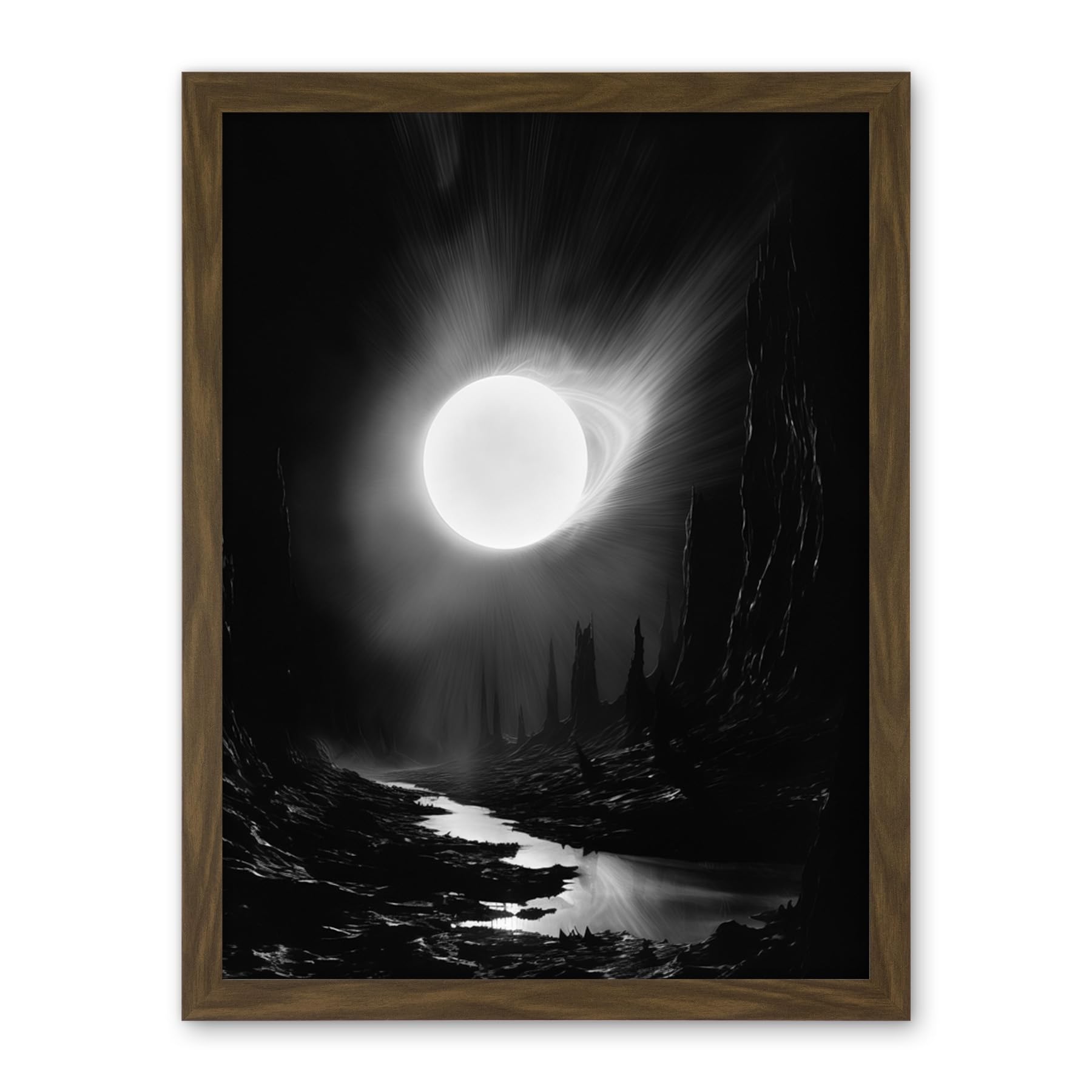 Artery8 Solar Flares Dramatic Fantasy Landscape Black and White Surreal Hades Underworld Artwork Framed Wall Art Print 18X24 Inch