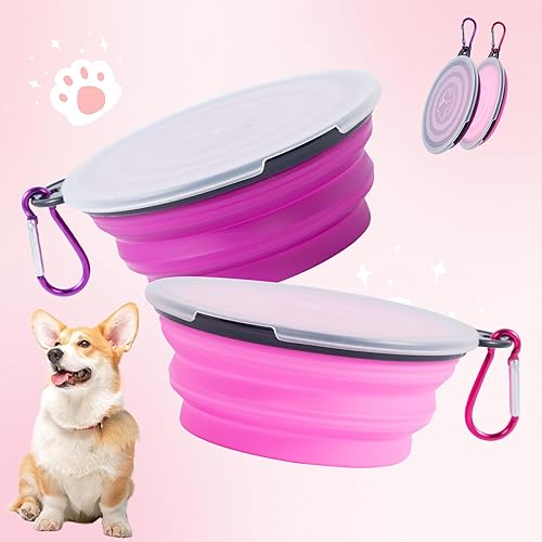 Miniatura 2 de SLSON Tazones plegables para perros con tapas de cubierta, paquete de 2 tazones de viaje para perros, portátiles, plegables, para gatos, para