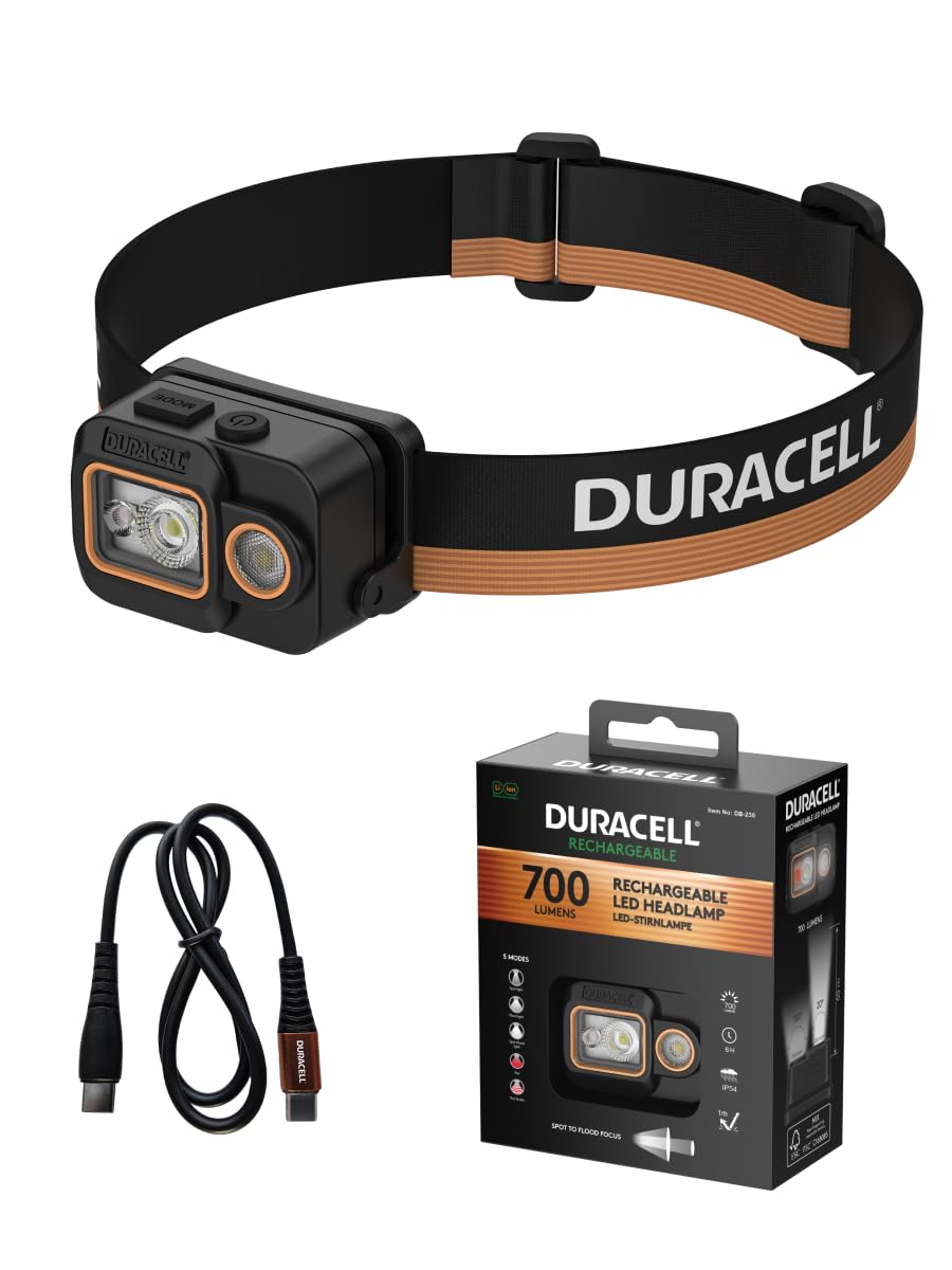 Duracell Lampe frontale LED DH700R Core – 700 lumens, focalisable, portée de 50 m, fonction lumière rouge, rechargeable USB-C, batterie au lithium, différents modes d'éclairage, ergonomique