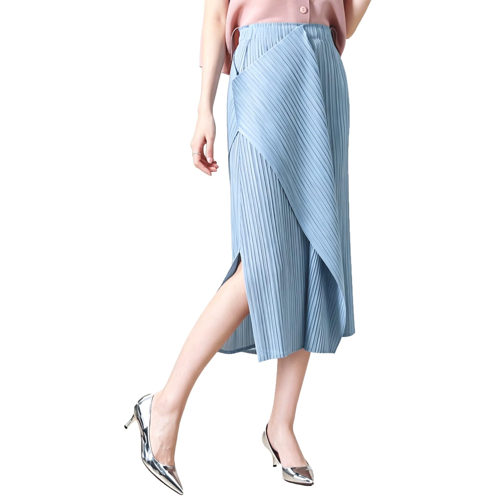 UYHBCNQD Midi Long Skirt Single Side Slit Asymmetrical Midi Long Skirt Pleated(Light Blue)