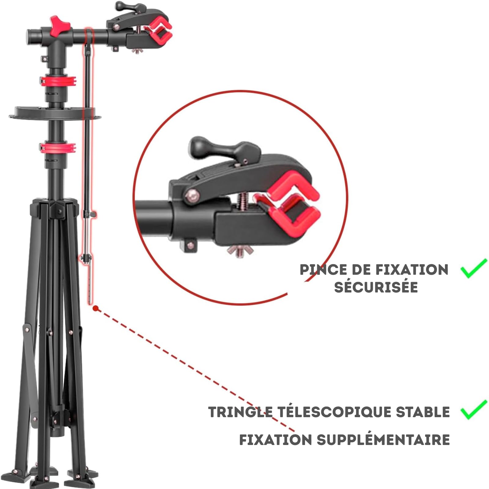 KARAT - Pied de Montage vélo jusqu'à 30 kg - Support de réparation Professionnel avec Plateau à Outils, Pivotant, Pliable, Hauteur réglable - 128 L x 128 l x 113,5-193 H cm, Noir-Rouge (Lois)