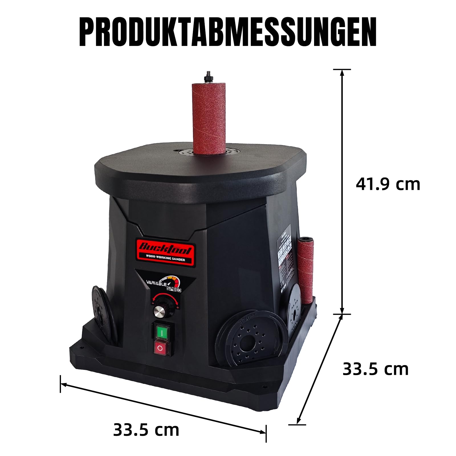 BUCKTOOL Amoladora de husillo de 450 W, lijadora oscilante de husillo | 1000-1800 rpm de velocidad variable, 6 manguitos de lijado, oscilación de 16 mm y extracción de polvo para bordes y contornos