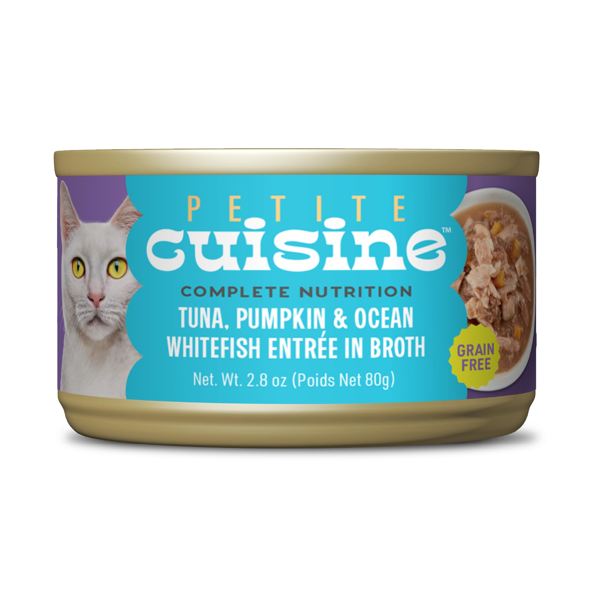 PETITE CUISINE Whole Foods Wet Cat Food, Tuna, Pumpkin & Ocean Whitefish Entree in Broth, 2.8 oz. Can (24 Count)