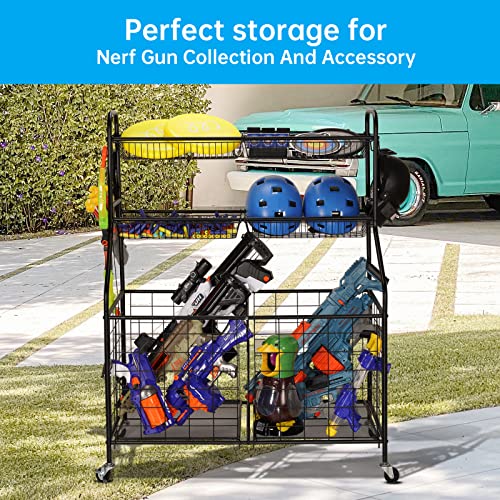 Garage Sports Equipment Organizer, Ball Storage Rack, Toy Storage, Nerf Gun Organization on Wheels for School, Garage, Black, Steel
