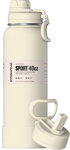 Hydrapeak 40oz Sport Insulated Water Bottle with Straw & Chug Lid, Leak & Spill Proof, Keeps Drinks Cold for 24 Hours, Premium Stainless Steel (Ivory)
