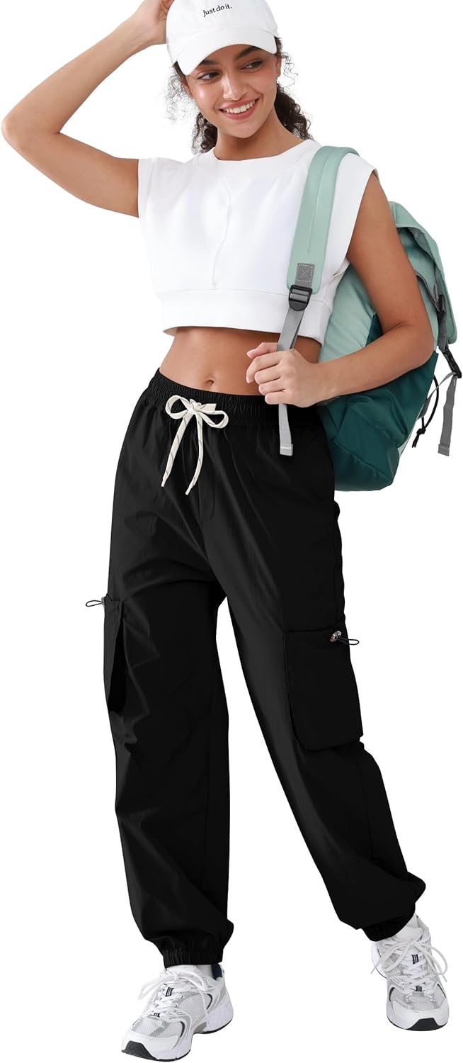 Women's Parachute Cargo Pants Quick Dry Lightweight Hiking Pants with 4 Pockets Water Resistant Travel Casual