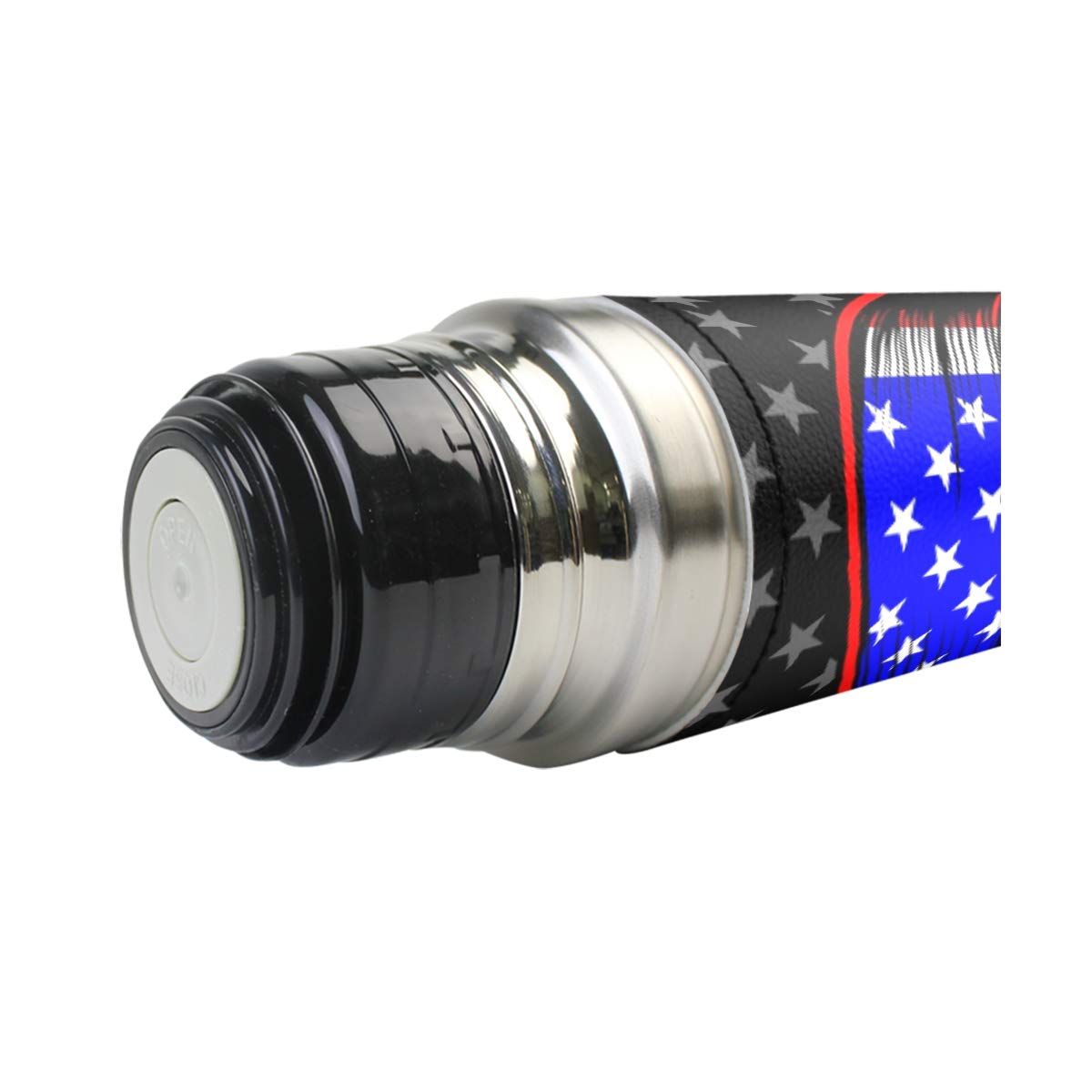Thermosflasche, Vakuum-isoliert, Edelstahl, doppelwandig, auslaufsicher, Totenkopf-Motiv, USA-Stern-Flagge, personalisierbar, bedruckt, echtes Leder, 500 ml