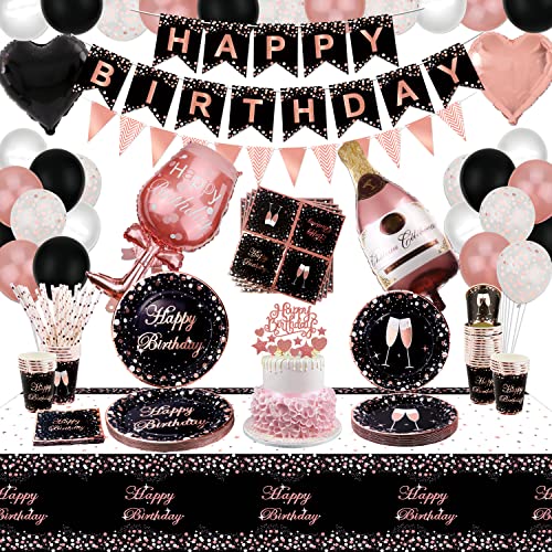 XJLANTTE Fournitures de fête Noir et Or Rose – Ballon, bannière Joyeux Anniversaire, décoration de gâteau, Tasses et Nappe pour décorations de fête Fille Femme, pour 20 invités (Set 02)