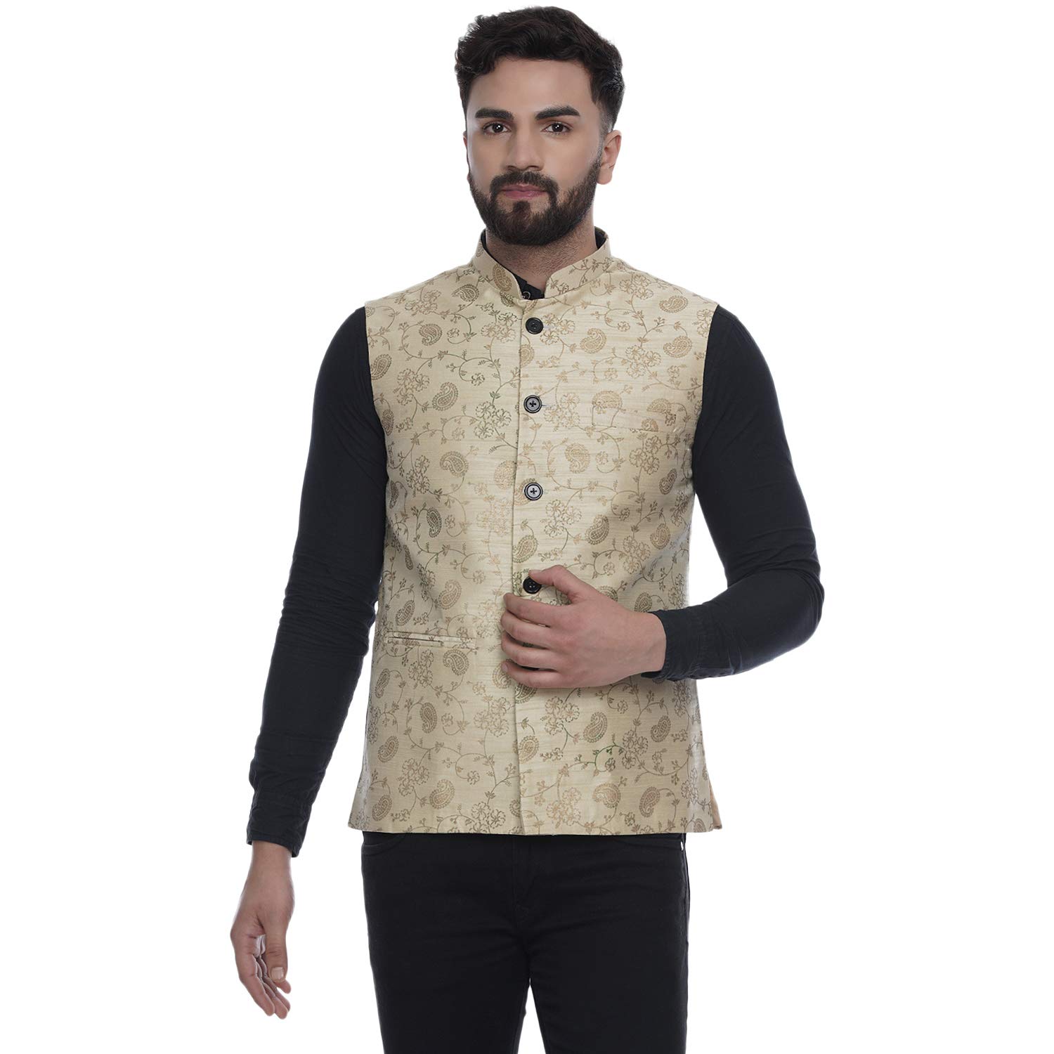 ghanshee Beige Jacquard Printed Silk Nehru Jacket (beige)-picture-14