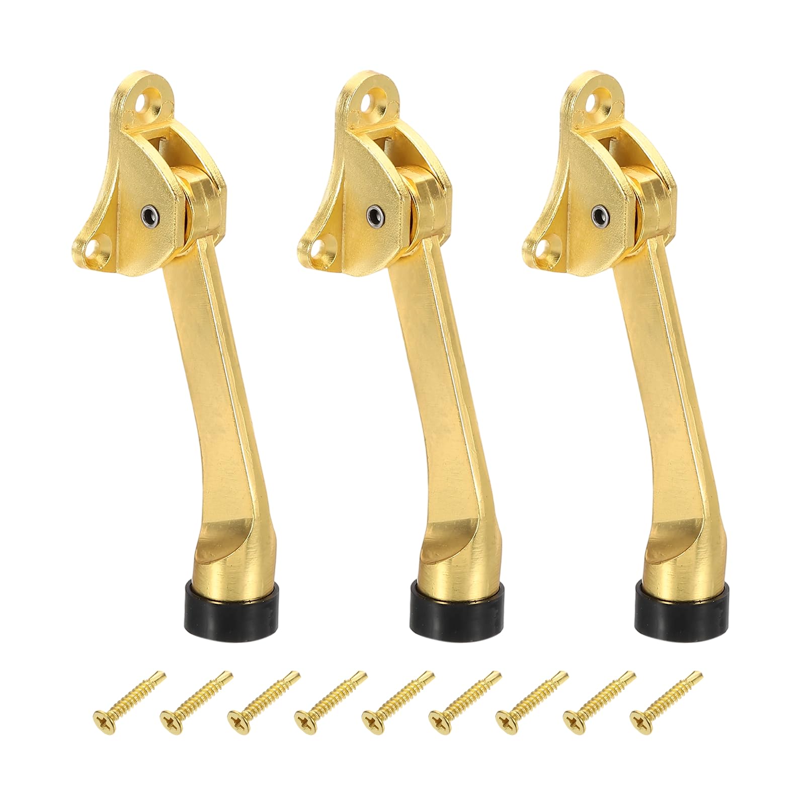 sourcing map 3 Set Kickdown Door Stopper, 4.9" Zinc Alloy Kick Down Door Stoppers for Bottom of Doors One Touch Adjustable Doors Holder with Non-Slip Rubber Tip and Screws for Apartments, Gold