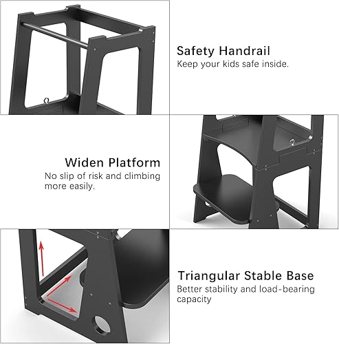 Miniatura 3 de QLFJ-FurDec Taburete de cocina para niños con riel de seguridad, 2 en 1 convertible de madera para niños, taburete de aprendizaje para niños, torre