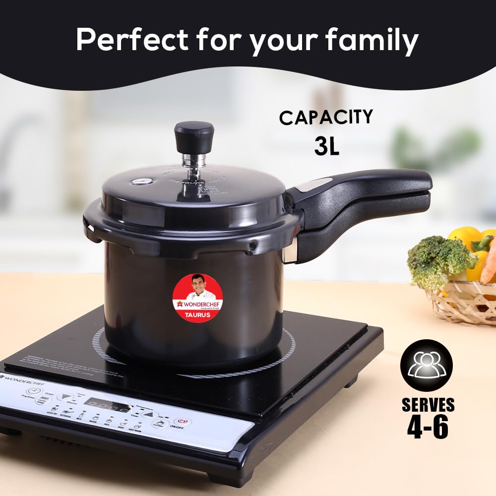Wonderchef Taurus Hard Anodized Outer Lid Pressure cooker, 3 liter, Cool Touch Handles for Durability, Induction Friendly, Black, 5 year warranty, ISI Certified 3