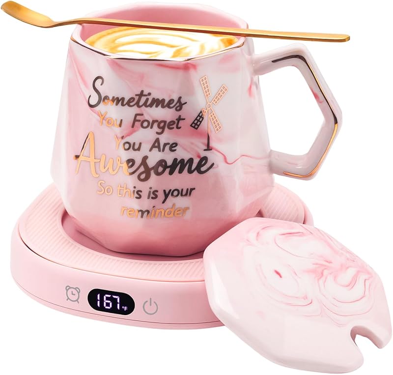 Coffee Mug Warmer Set Smart Electric Heated Cup Beverage Tea Candle Plate | You are Awesome Pink Mug Electric Warmer Set for Office Desk, 4 Temperature Control 8 Hrs Auto Shut Off, Ideal Gift for Women