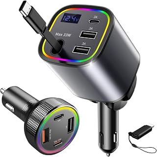 Car Charger USB C with RGB Light (2pcs), Compatible with Iphone Android | 78w Retractable Car Charger Cigarette Lighter Adapter & 85.5w Fast Charging Cigarette Adapter, Trip Essentials 12V Car