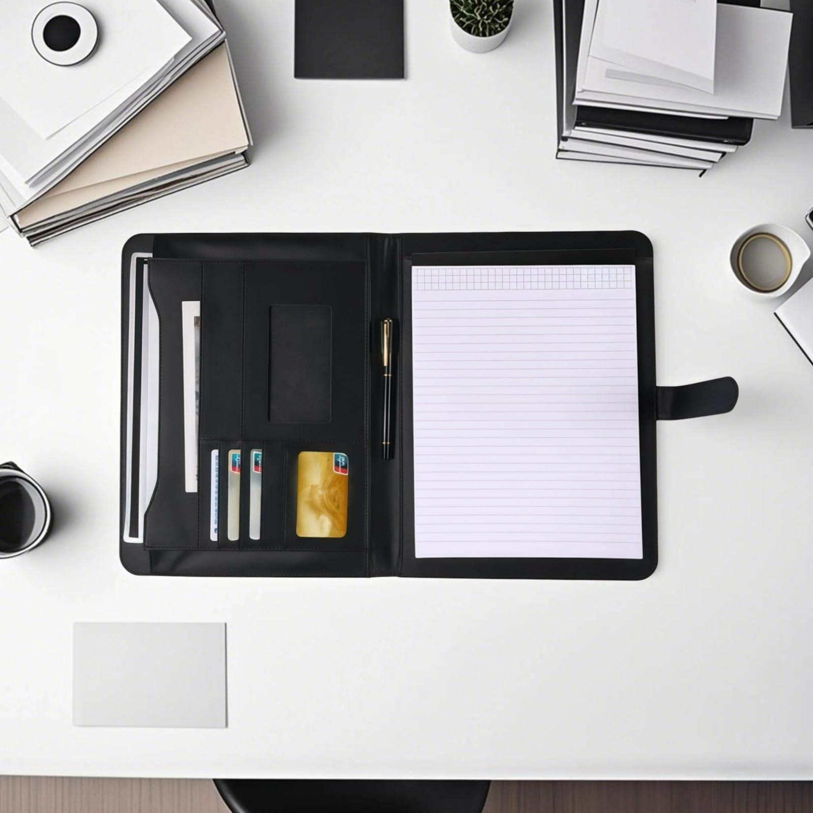 Portfolio biznesowe dla mężczyzn, czarna skóra PU Padfolio z podkładką zaciskową, format A4 i litery, przegródki na karty i przegródka na kalkulator, do biura, na prezenty i organizację dokumentów