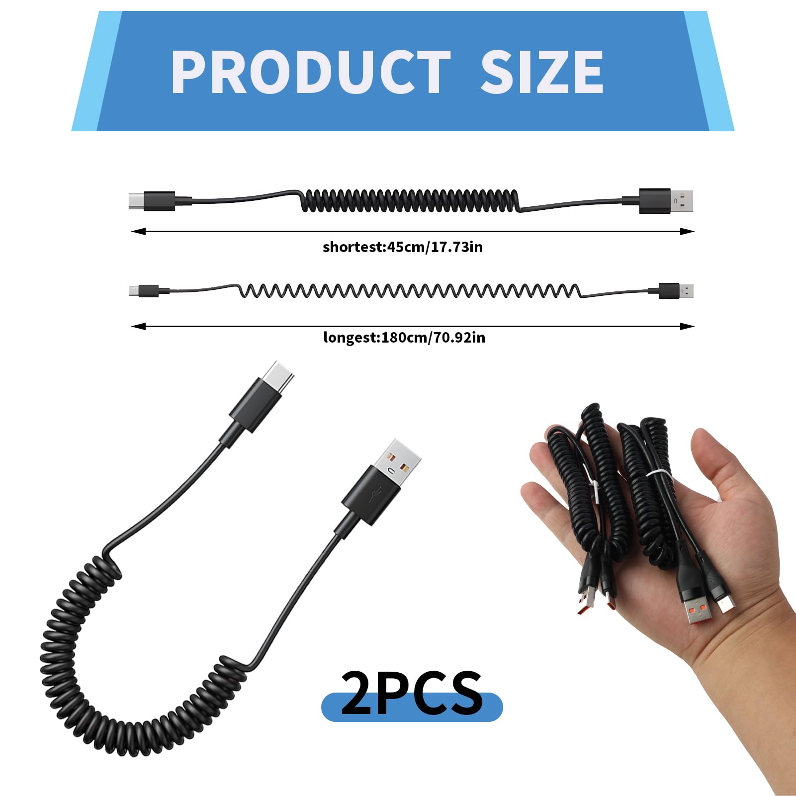 Cavo USB C A Spirale Per Ricarica Rapida 60W E Trasferimento Dati - Connettore A 90°, Lunghezza Regolabile 20-50 Cm, Perfetto Per Auto, Gaming E Dispositivi Mobili - 5