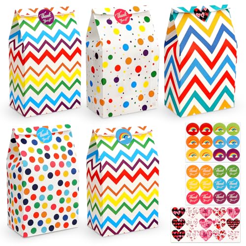 WGIDSKKI 20 Sacs Cadeau en Papier, 5 Styles avec 48 Autocollants, Idéal pour Anniversaire Enfant, Mariage, Fêtes, 24 x 13 x 8 cm, Kraft Marron