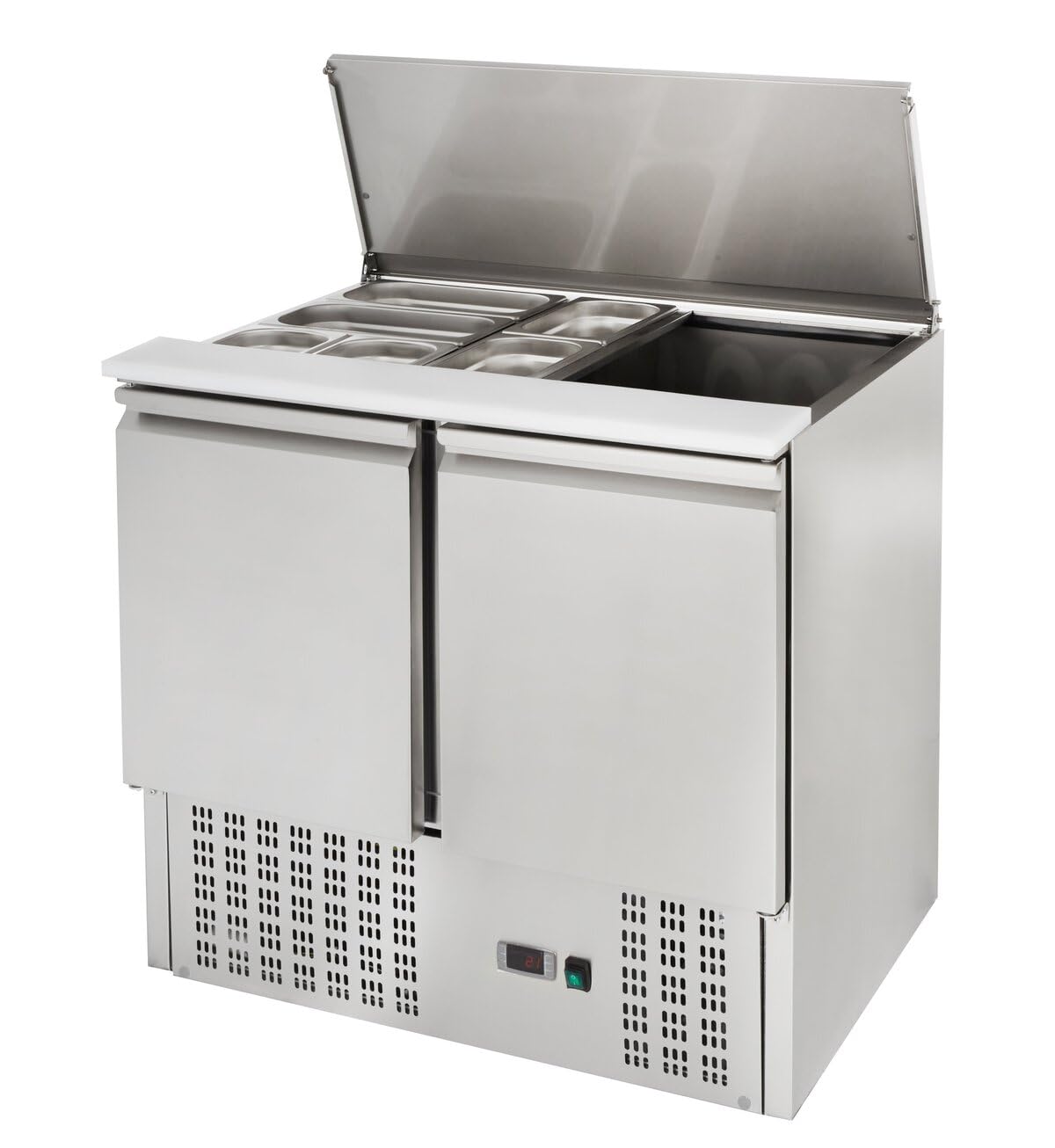 GastroHero Saladette Gastro ECO 900 avec couvercle rabattable - 240 litres, 3kW/h, Place pour 2 récipients 1/1 GN, Réfrigération statique | CHR Fournitures de la restauration