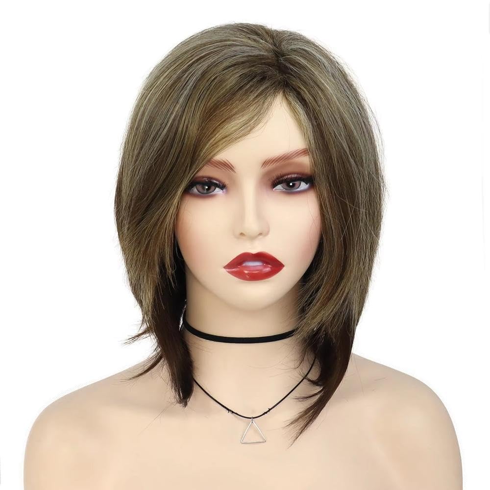 Haarpflege Kurze Braune Bob-Perücken Für Weiße Frauen Schulterlange Braune Highlight-Perücke Mit Seitlichem Pony