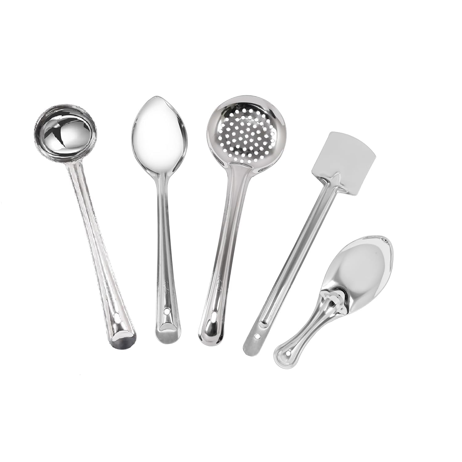 Ajay's Shoppe Premium 5-Piece Stainless Steel Spoon Set for Cooking & Serving | Durable Skimmer, Ladle, Turner, Rice Panja & Serving Spoon